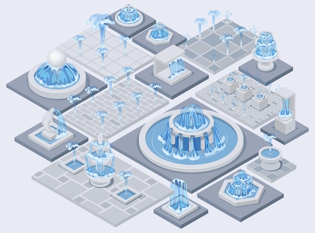 Conjunto de fuente isométrica con cascadas de parque al aire libre ilustración vectorial aislada eps vintage y moder