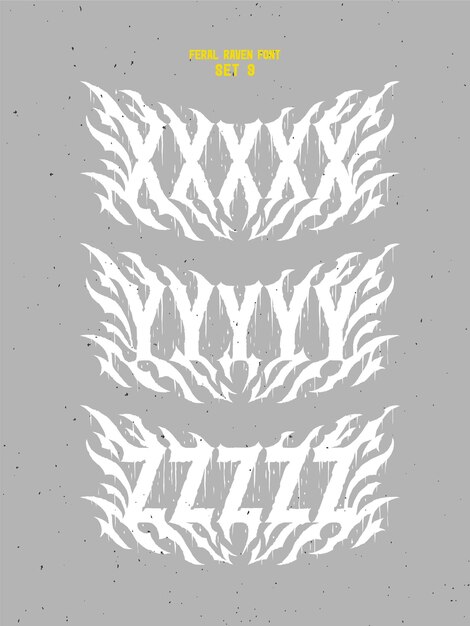 Conjunto de fuentes vectoriales con forma aguda y ruidosa en el estilo de la música pesada fan art llamado Feral Raven