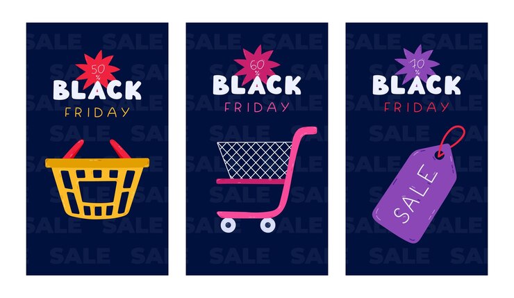 Vector conjunto funky de historias verticales para la venta del viernes negro con letras y clipart de compras de dibujos animados