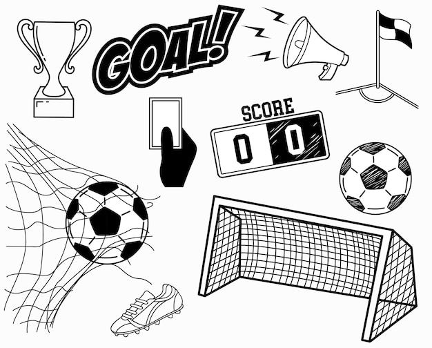 Conjunto de fútbol dibujado a mano Ilustración vectorial Elementos aislados en fondo blanco