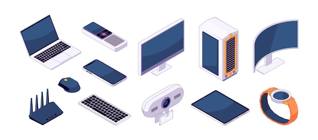 Conjunto de gadgets isométricos Dispositivos inteligentes inalámbricos portátil WiFi enrutador cámara web relojes inteligentes ratón teclado teléfono y tableta Vector conjunto aislado