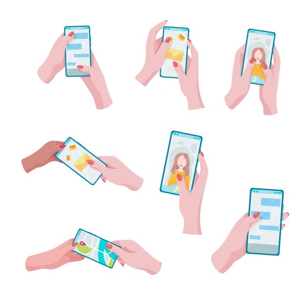 Un conjunto de gadgets en las manos Tableta de teléfono inteligente o libro electrónico Un dispositivo para el aprendizaje de la comunicación y la creatividad Ilustración vectorial de aislamientos en un fondo blanco