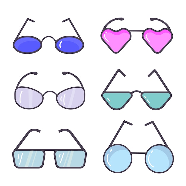 Vector un conjunto de gafas aislado. siluetas negras aisladas en blanco. diferentes formas, marcos, estilos.