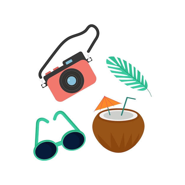 Conjunto de gafas de cámara coco y rama de palma.