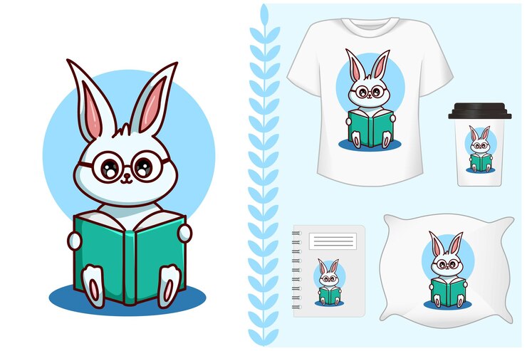 Vector conjunto, gafas conejo leyendo un libro