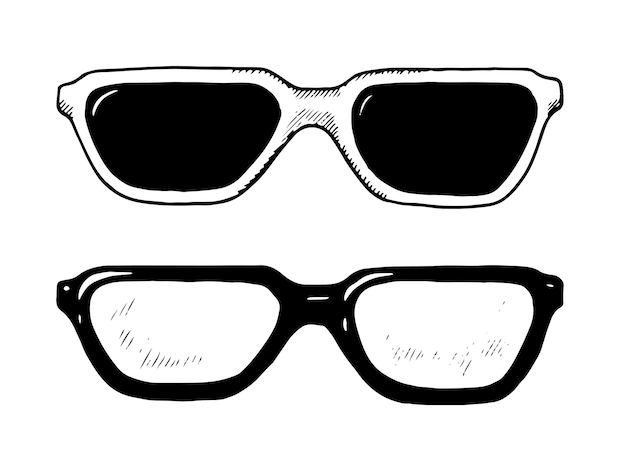 Conjunto de gafas y gafas de sol de clipart vectorial dibujos de línea en blanco y negro hacen hincapié en las gafas