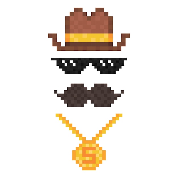 Conjunto de gafas de píxeles sombrero de cadena de oro y bigote aislado en un fondo blanco ilustración vectorial xa