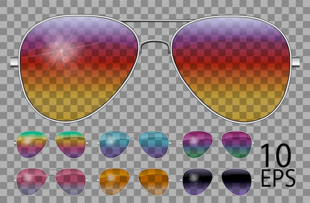 Conjunto de gafas. la policía cae en forma de aviador. diferentes colores transparentes. gafas de sol. gráficos 3d. camaleón arcoíris.