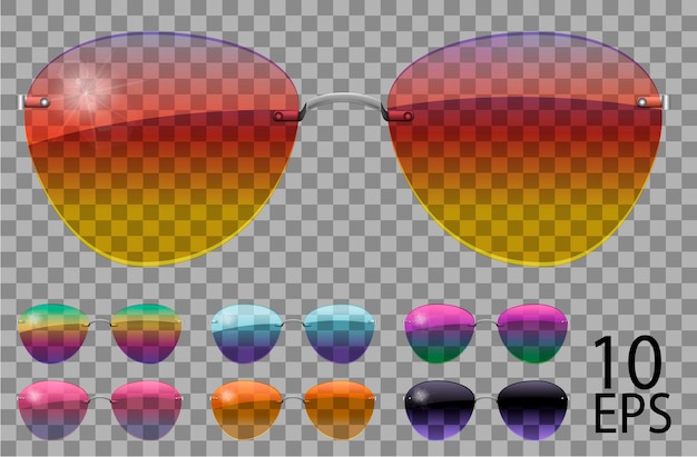 Vector conjunto de gafas. la policía cae en forma de aviador. diferentes colores transparentes. gafas de sol. gráficos 3d. camaleón arcoíris.