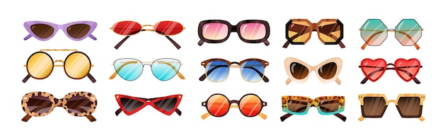 Conjunto de gafas de sol de moda de diferente forma e ilustración vectorial de color. Colección de accesorios modernos y antiguos para la visión y protección del sol aislados sobre fondo blanco.