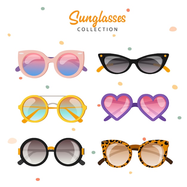 Conjunto de gafas de sol de moda de diferentes formas, colores y gafas degradadas.