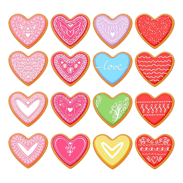 Conjunto de galletas decoradas en forma de corazón de san valentín.