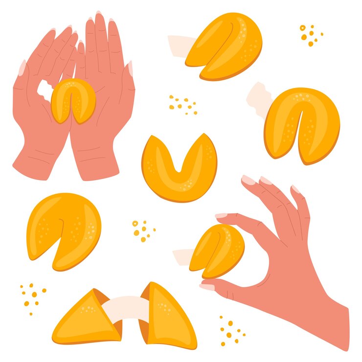 Vector conjunto de galletas de dibujos animados de vector plano con cookies de predicción en diferentes ángulos o en las manos
