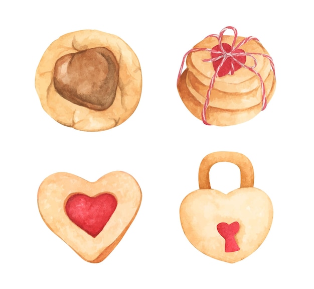Conjunto de galletas en forma de corazón Ilustración acuarela Día de San Valentín