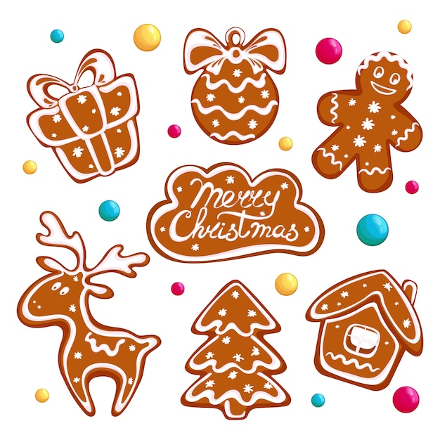 Vector conjunto de galletas de jengibre de navidad, galletas de jengibre y dulces redondos.