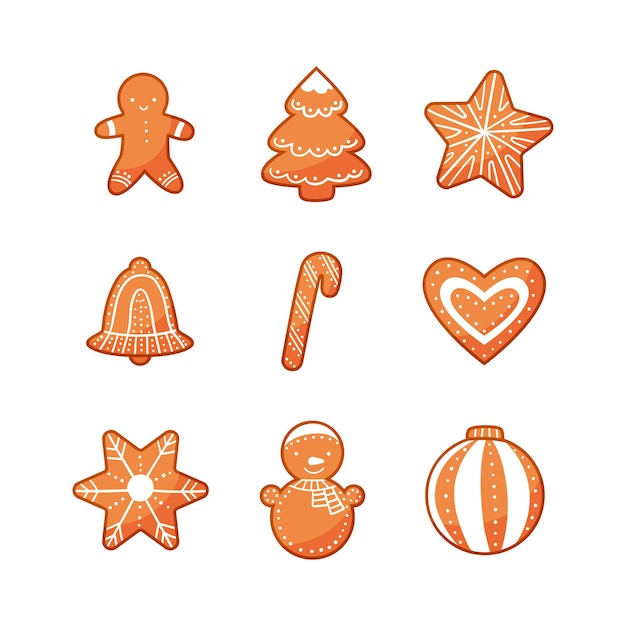 Vector conjunto de galletas de jengibre navideñas tradicionales dibujadas a mano en estilo de dibujos animados