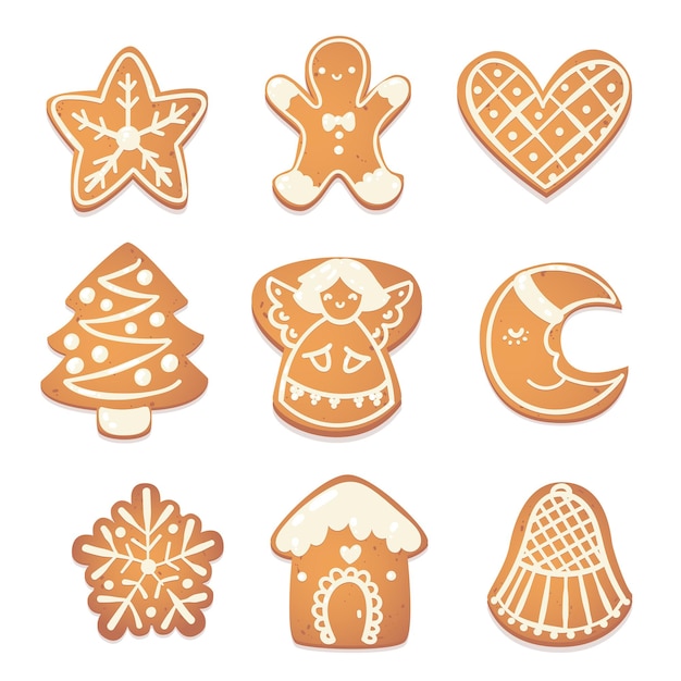 Conjunto de galletas lindas de navidad de pan de jengibre. caracteres de galletas para el diseño de año nuevo. ilustración de vector catroon.