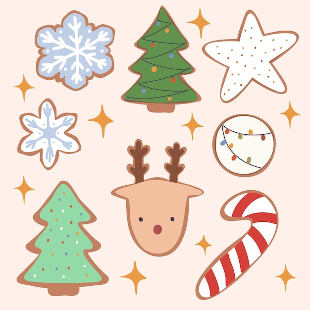 Conjunto de galletas de Navidad y año nuevo.Ilustración de dibujado a mano de vector. Estilo de dibujos animados. Diseño plano