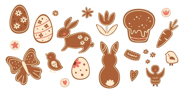 Conjunto de galletas de pan de jengibre de Pascua Huevos de flores de conejo Pájaros de pastel de Pascua Ilustración de comida vectorial