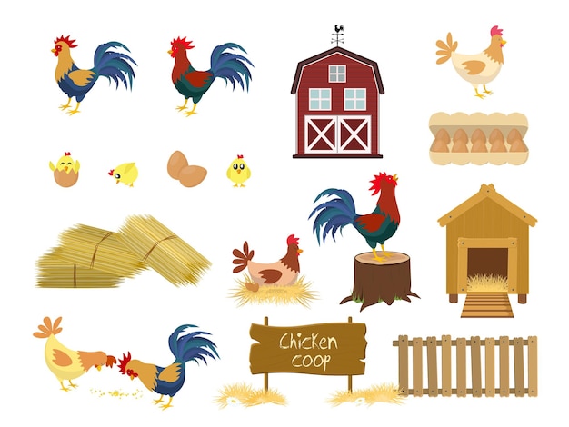 Conjunto de gallinero con conjunto aislado de aves de granja