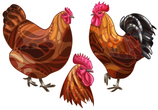 Conjunto de gallo dibujado a mano y una gallina La raza de New Hampshire