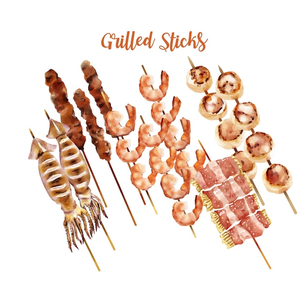 Conjunto de gambas a la plancha, calamares, tocino de cerdo con champiñones dorados y brocheta de vieiras en palos de madera.