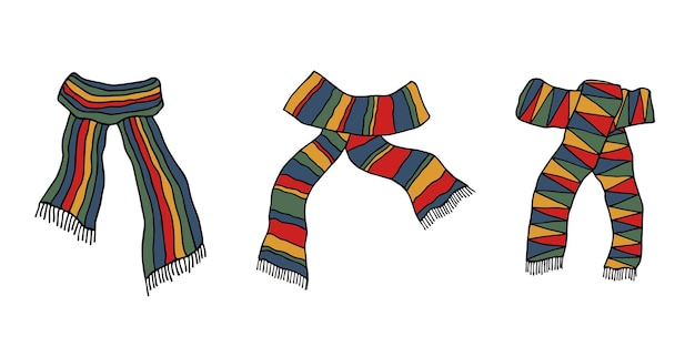 Conjunto de garabates de bufanda de punto, accesorios de invierno dibujados a mano, elemento de diseño único para la decoración de diseño de impresión de tarjetas