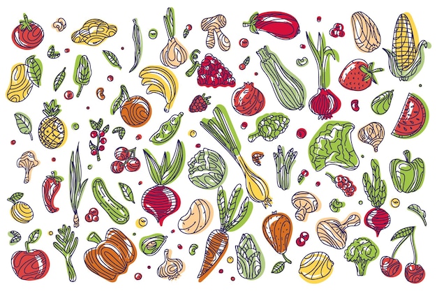 Conjunto de garabates en colores de verduras y frutas sobre un fondo blanco Gráficos vectoriales de alimentos saludables
