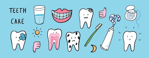 Conjunto de garabates para el cuidado dental Ilustración vectorial al estilo de dibujos animados