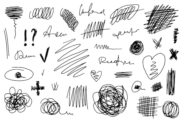 Conjunto de garabates dibujados a mano, garabates y bocetos en negro sobre un fondo blanco Incluye formas abstractas, líneas, corazones y texturas Ideales para fondos o ilustraciones de diseño creativo