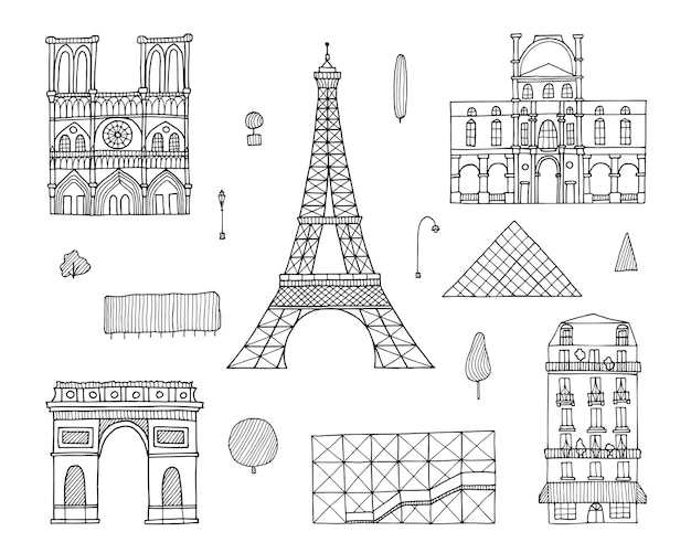 Conjunto de garabates dibujados a mano en París Elementos negros de boceto transparente aislados para el diseño