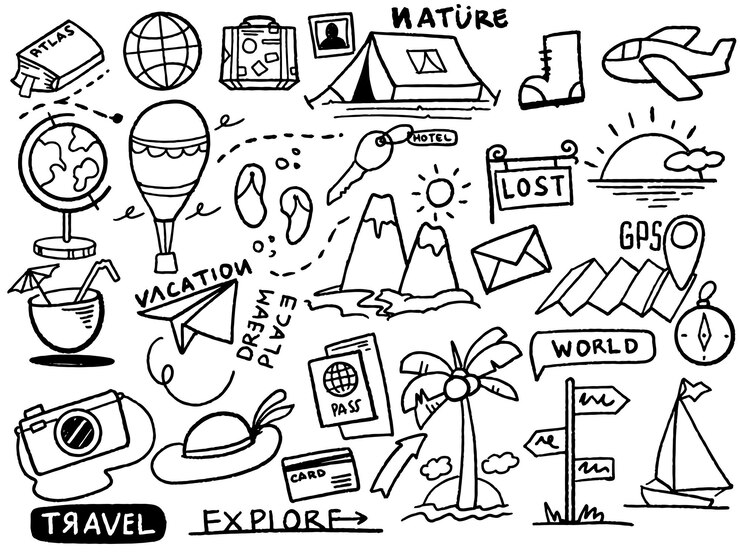 Conjunto de garabates dibujados a mano viajes a Francia conjunto de garabates de esquema de viaje Turismo y aventura de verano