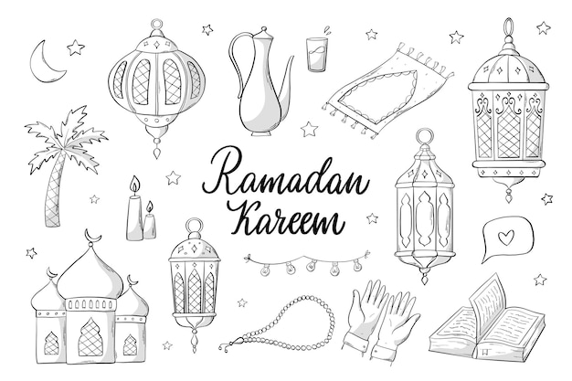 Conjunto de garabates islámicos ramadán clip art para impresiones pegatinas páginas para colorear signos de sublimación.