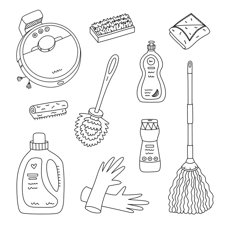 Vector conjunto de garabates de moda con herramientas de lavado de apartamentos y productos de detergente