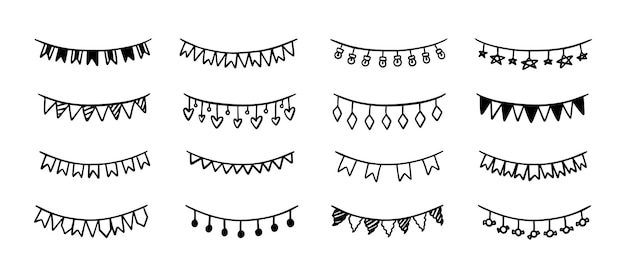 Conjunto de garabates de vacaciones dibujados a mano contorno de cumpleaños guirnalda de banderas corazones estrellas círculos dibujos de garabates para niños