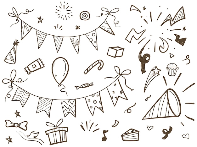 Conjunto de garabato de fiesta bosquejo dibujado a mano de decoración de cumpleaños caja de regalo sombreros de fiesta de pastel