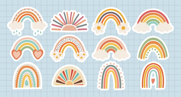 Conjunto de garabatos arco iris sol con nubes y flores en estilo boho retro Libro de recuerdos de pegatinas de bebé