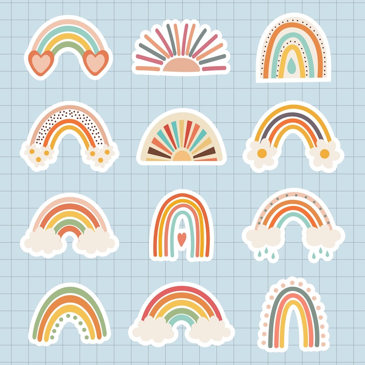 Vector conjunto de garabatos arco iris soles con nubes en estilo retro boho iconos de álbum de recortes de pegatinas de bebé