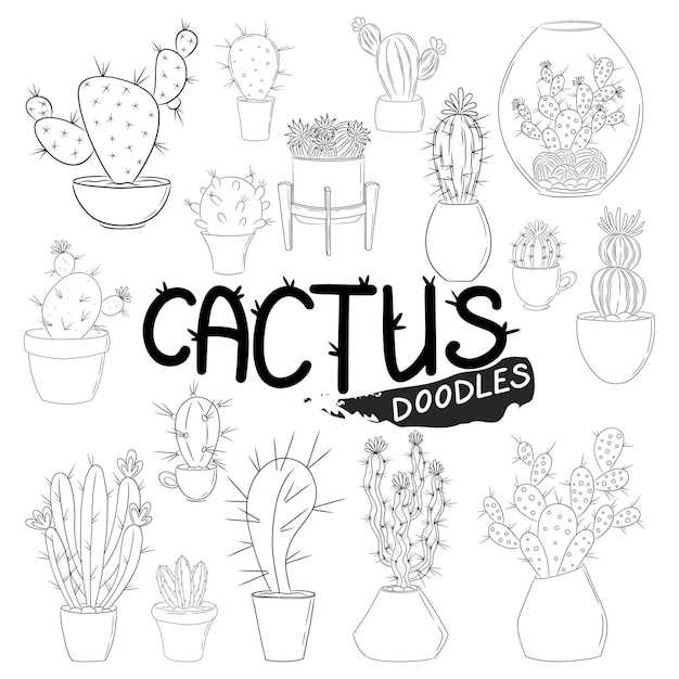 Conjunto de garabatos de cactus aislado sobre fondo blanco