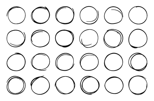 Conjunto de garabatos circulares dibujados a mano Varios elementos de diseño de logotipo de línea de colección de marco de boceto simple estilo de pluma de tinta Ilustración de vector de garabato aislado sobre fondo transparente