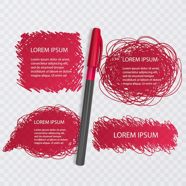 Conjunto de garabatos. Colección de garabatos. Bocetos de tinta de color rojo con bolígrafo realista. ilustración