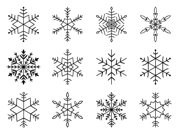 Vector conjunto de garabatos de copos de nieve decoración navideña de invierno en estilo boceto