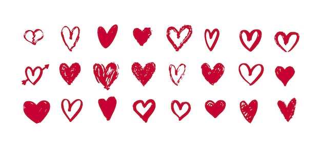 Conjunto de garabatos de corazón rojo Colección de corazones dibujados a mano Ilustración de vector de icono de amor