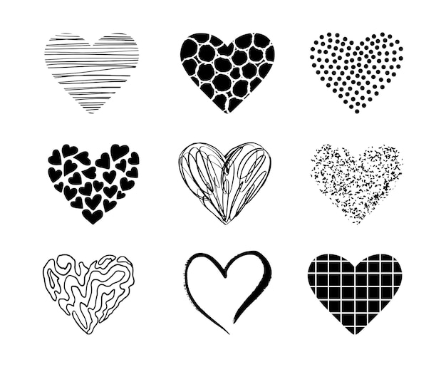 Vector conjunto de garabatos de corazones vectoriales colección de símbolos de amor aislado en blanco bosquejo de san valentín