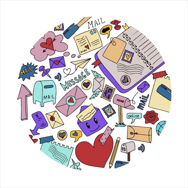 Un conjunto de garabatos de correo de vector. Iconos con sobres de papel, cartas, correo electrónico. Un cuaderno para niños en una jaula con dibujos de envíos postales. Elementos dibujados a mano para correo electrónico.