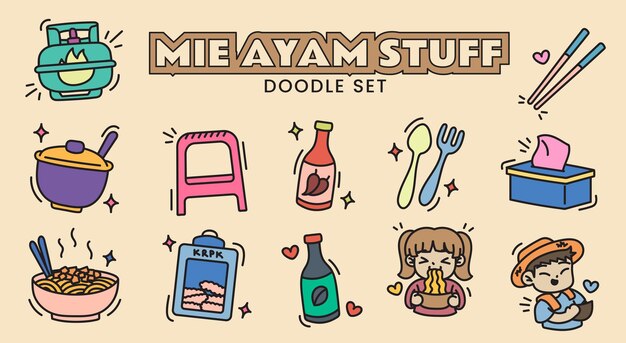 Conjunto de garabatos de cosas de Mie Ayam