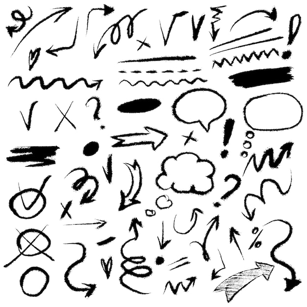 Conjunto de garabatos dibujados a mano con carbón pastel flechas puntero signos ilustración vectorial de lápiz de carbón