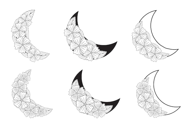 conjunto de garabatos dibujados a mano Celestial Floral Moon marco floral Crescent Boho Moon vector de fondo