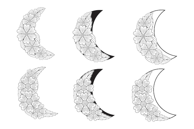 conjunto de garabatos dibujados a mano Celestial Floral Moon marco floral Crescent Boho Moon vector de fondo