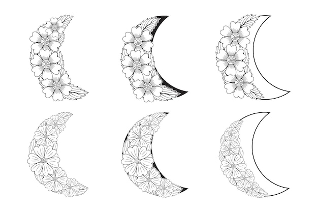 conjunto de garabatos dibujados a mano Celestial Floral Moon marco floral Crescent Boho Moon vector de fondo